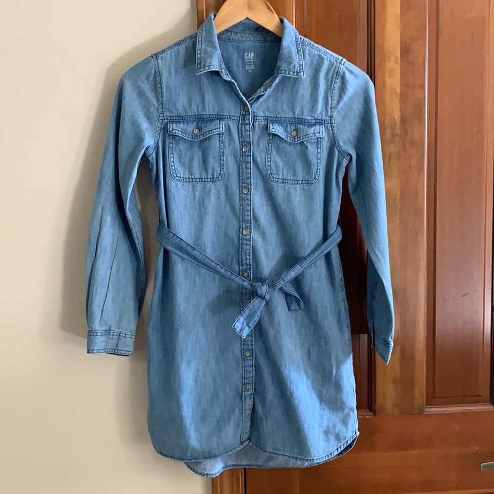 Gap Kids Chambray Shirt Dress XL Blue Button Down Belted Denim High Low